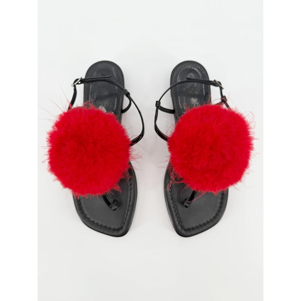 Christian Louboutin Sandals Black Patent Flat Strappy Red Pompom Puff 36 Box